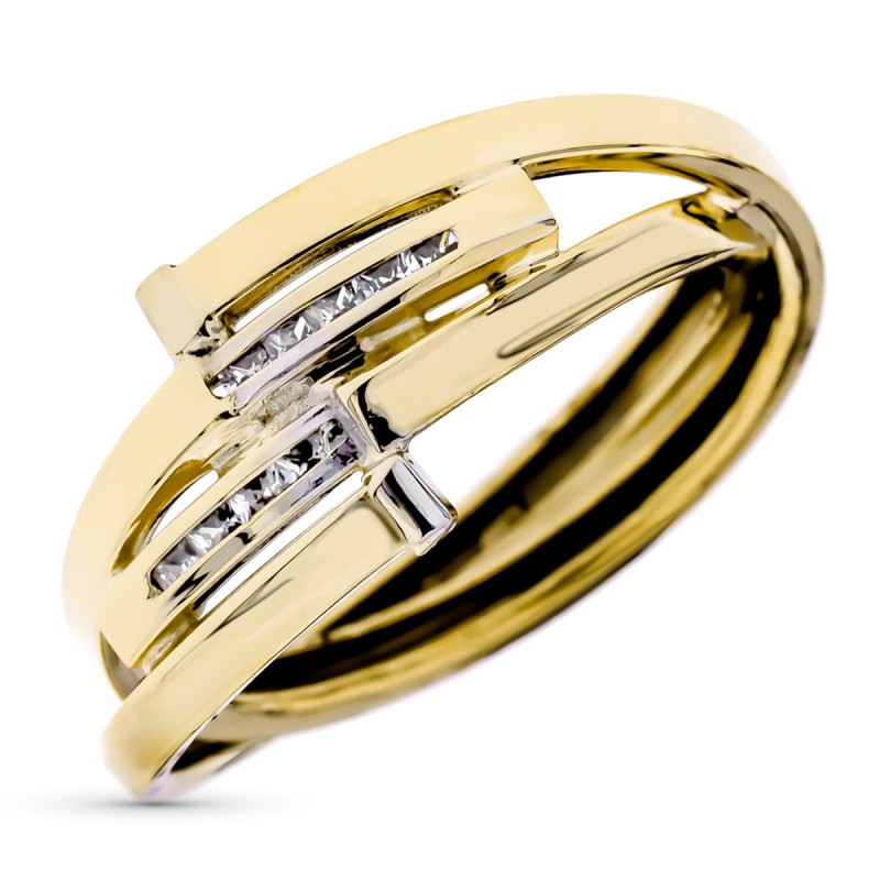 9K SORTIJA ORO AMARILLO BANDAS CRUZADAS CON CIRCONITAS EN CARRIL. ANCHO: 10 MM