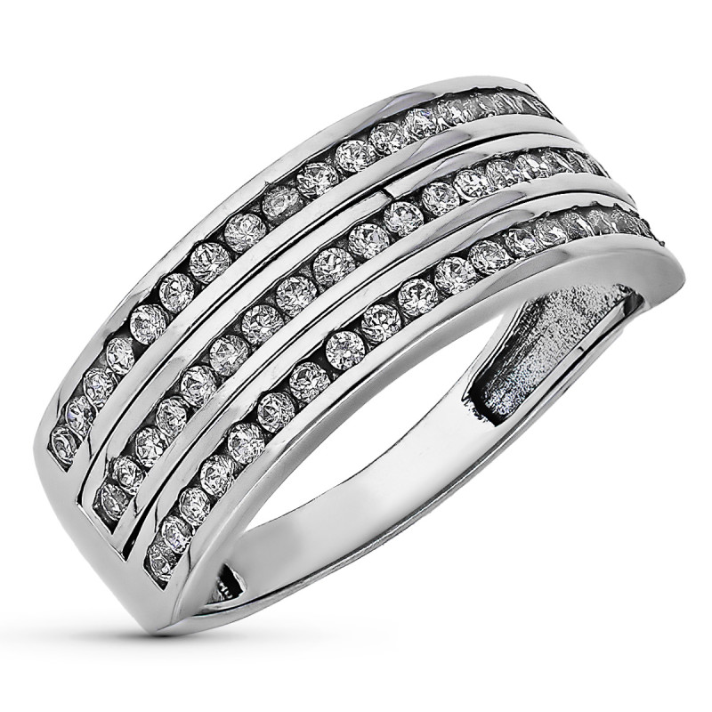 9K SORTIJA ORO BLANCO TRES CARRILES CON CIRCONITAS. ANCHO: 8 MM