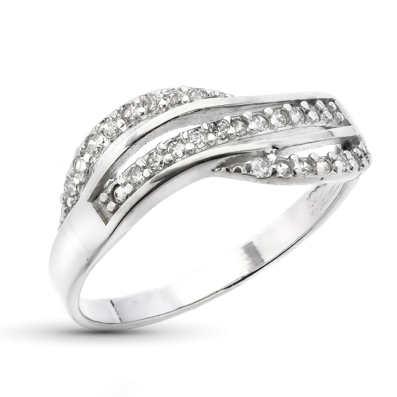 9K SORTIJA ORO BLANCO ONDAS CON CIRCONITAS. ANCHO: 7 MM