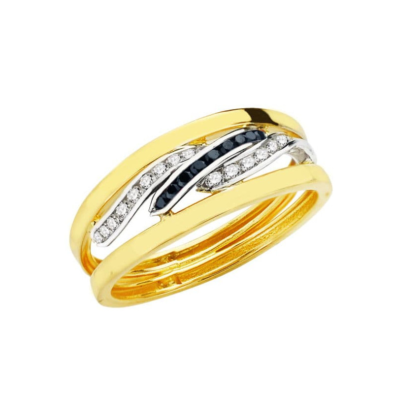 9K SORTIJA ORO BICOLOR BANDAS CON CIRCONITA BLANCAS Y AZULES. ANCHO: 6,5 MM