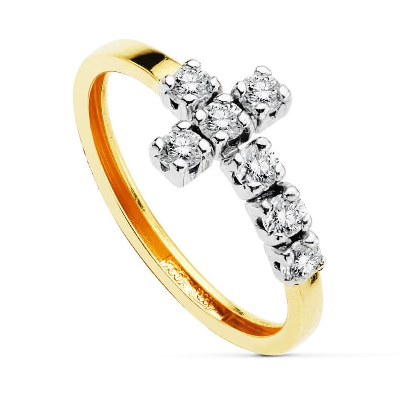 9K SORTIJA ORO BICOLOR CON CRUZ DE CIRCONITAS. ANCHO: 14 MM