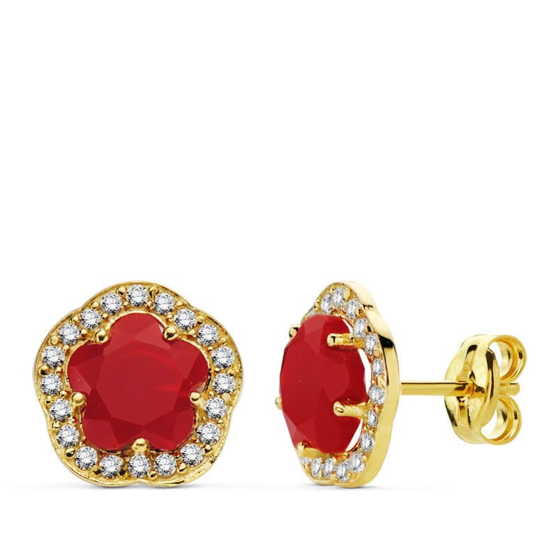 9K PENDIENTES ORO AMARILLO ESTRELLA 9 MM PIEDRA COLOR ROJO CIERRE PRESION
