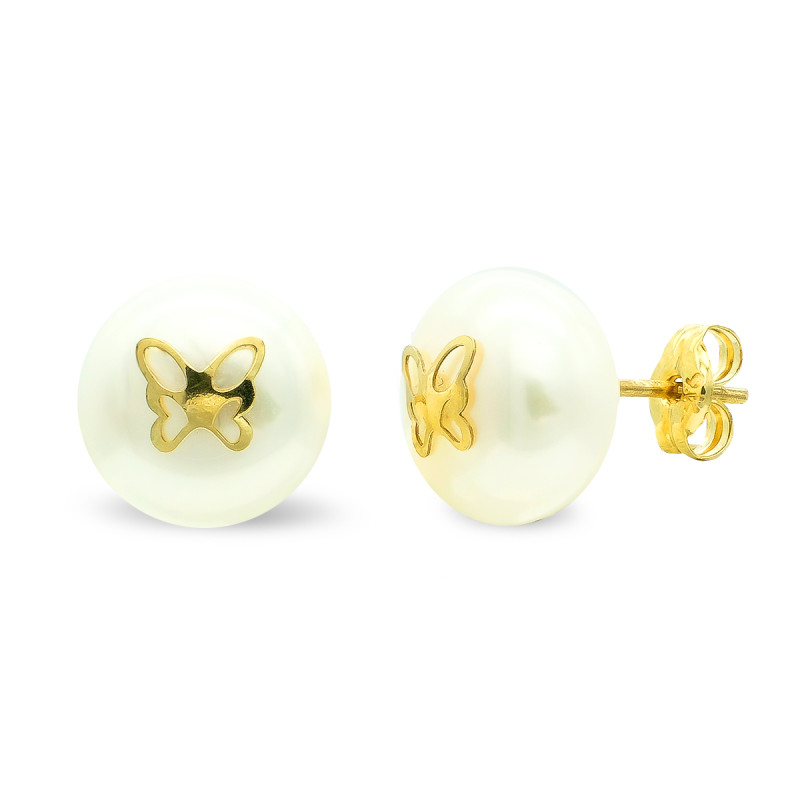 9K PENDIENTES ORO AMARILLO PERLA 9 MM MARIPOSA CIERRE PRESION