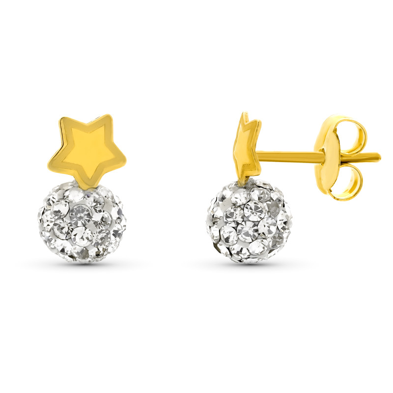 9K PENDIENTES ORO AMARILLO BOLA CIRCONITA 5MM TOTAL 10X5 MM PRESION