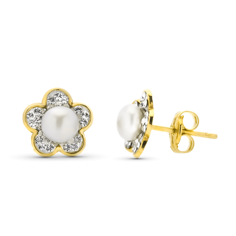 9K PENDIENTES ORO AMARILLO CIRCONITA PERLA 4.50 MM TOTAL 9 MM PRESION