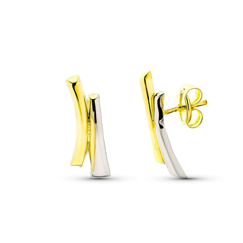 9K PENDIENTES ORO BICOLOR BANDAS 13X5 MM CIERRE PRESION