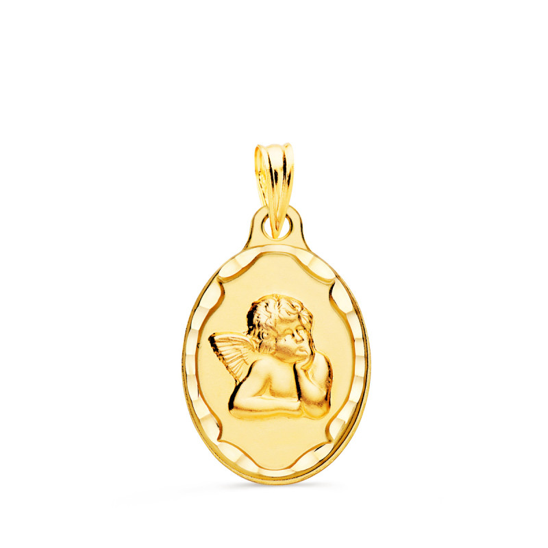 9K MEDALLA ORO AMARILLO ANGELITO BURLON OVAL CERCO TALLADO 18X14 MM