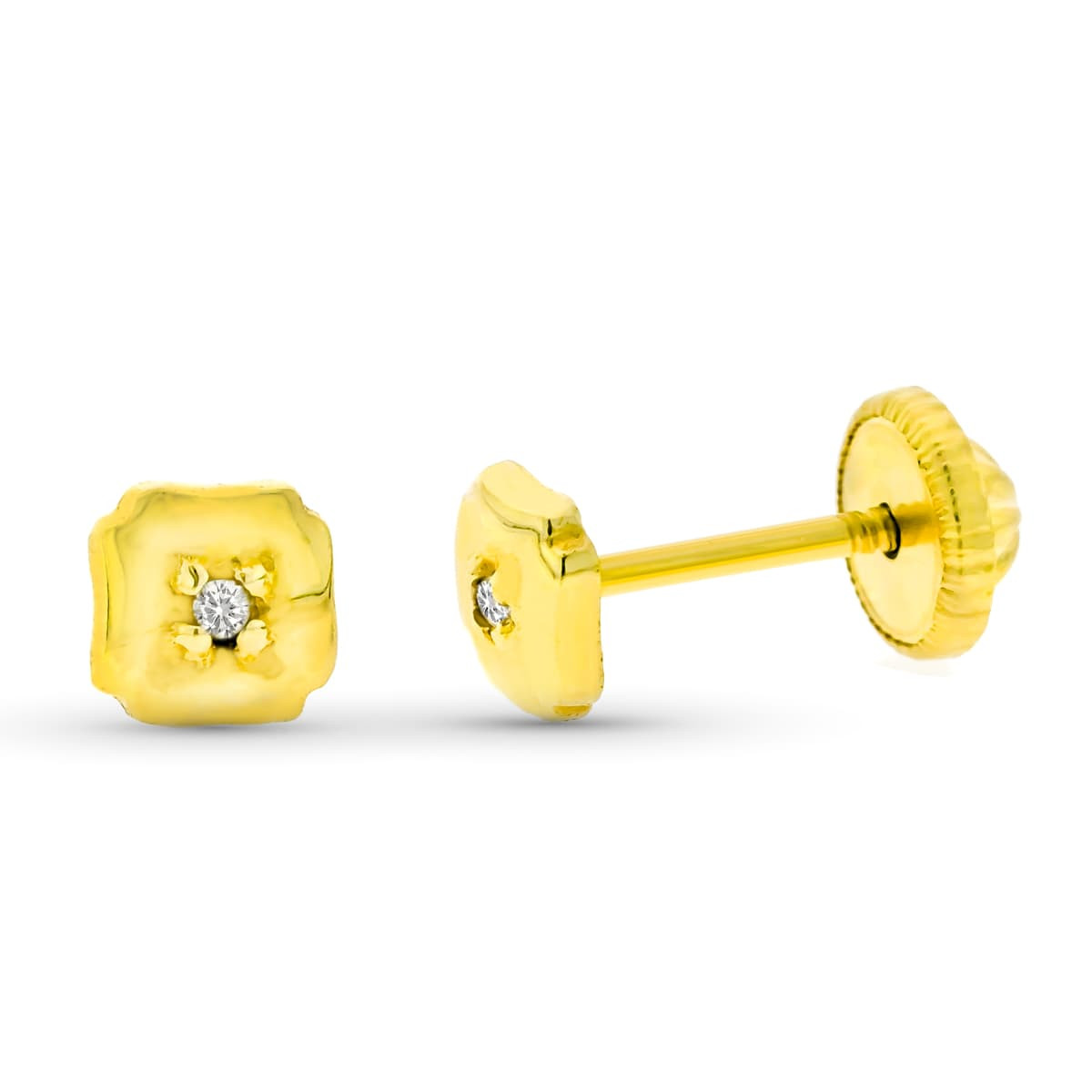 9K PENDIIENTES ORO AMARILLO TREBOL DIAMANTES 0.03 CTS SI-H 4 MM TUERCA