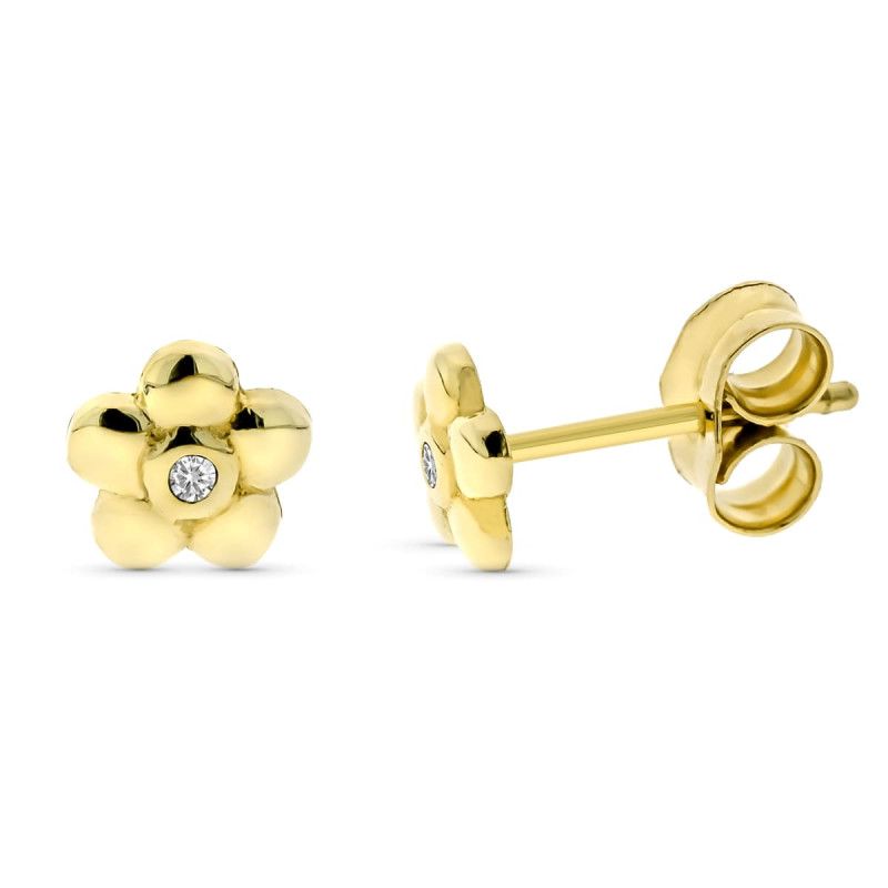 9K PENDIENTES ORO AMARILLO FLOR DIAMANTES 0.016 CTS SI-H 7 MM PRESION
