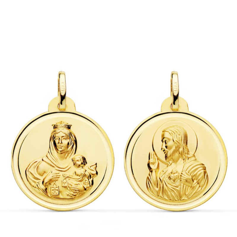 9K ESCAPULARIO ORO AMARILLO VIRGEN DEL CARMEN CORAZON DE JESUS BISEL 22 MM