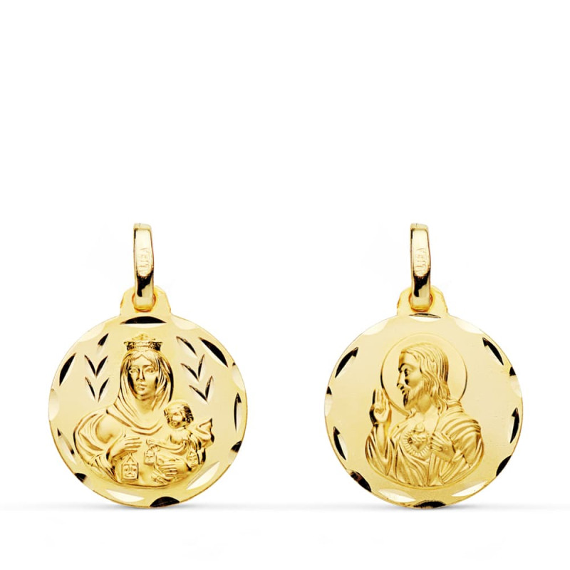 9K ESCAPULARIO ORO AMARILLO TALLADO VIRGEN DEL CARMEN CORAZON DE JESUS 16 MM