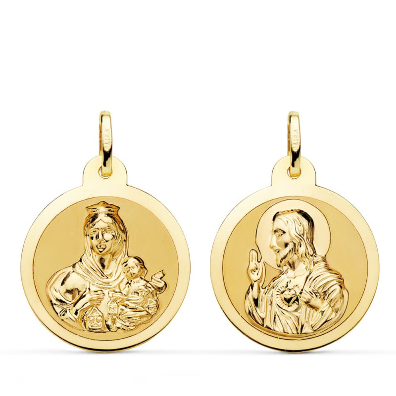 9K ESCAPULARIO ORO AMARILLO BRILLO VIRGEN DEL CARMEN Y CORAZON DE JESUS 22 MM