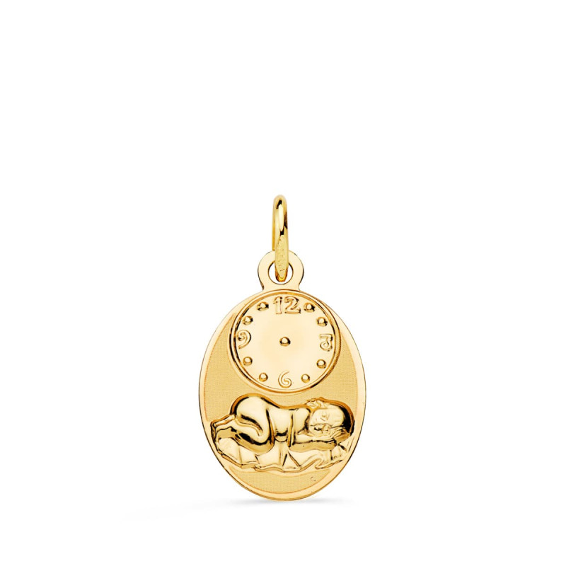 9K MEDALLA ORO AMARILLO OVAL NIÑO DE LA HORA CON RELOJ BRILLO Y MATE 19X12 MM