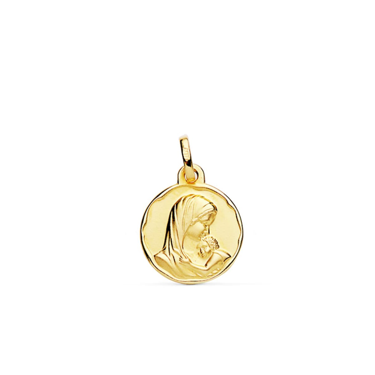 9K MEDALLA ORO AMARILLO VIRGEN MADRE CON NIÑO MATIZADA 15 MM