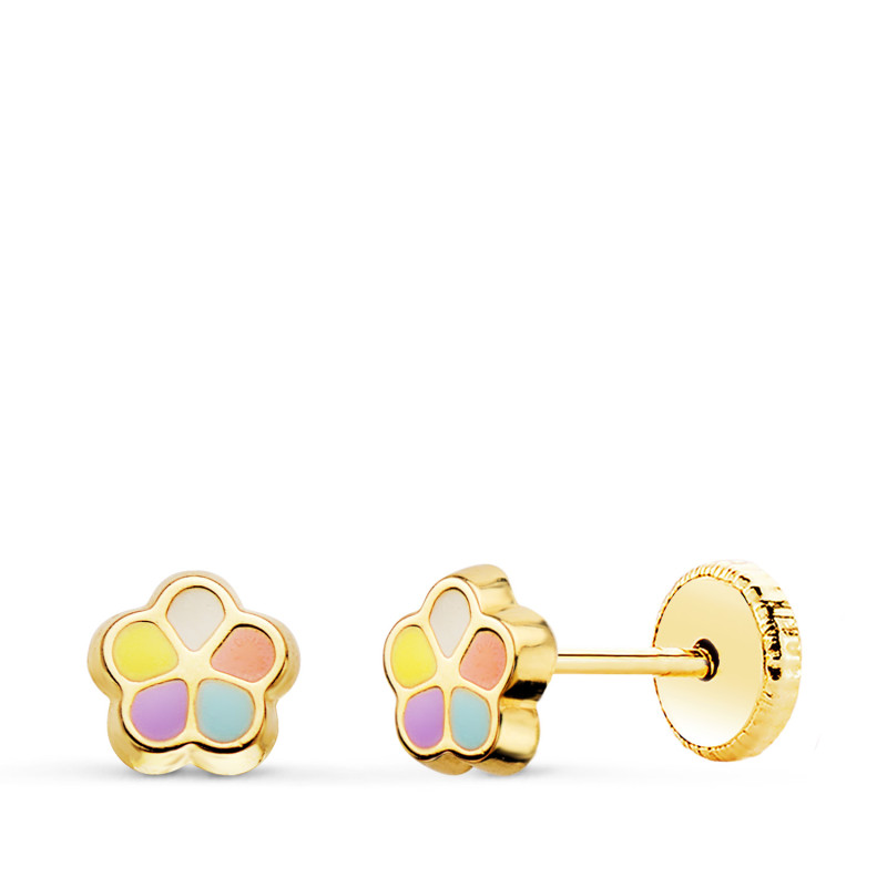 18K PENDIENTES FLOR ESMALTE 5MM CIERRE TUERCA