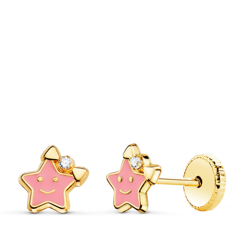 18K PENDIENTES ORO AMARILLO ESTRELLA ESMALTE ROSA 6,5 X 6,5 MM CIERRE TUERCA