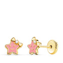 18K PENDIENTES ORO AMARILLO ESTRELLA ESMALTE ROSA 6,5 X 6,5 MM CIERRE TUERCA