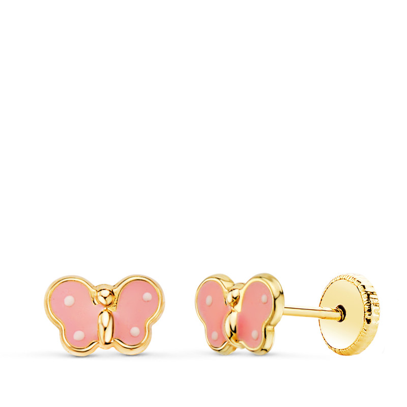18K PENDIENTES ORO AMARILLO MARIPOSA ESMALTE ROSA 7 X 4,5 MM. CIERRE TUERCA