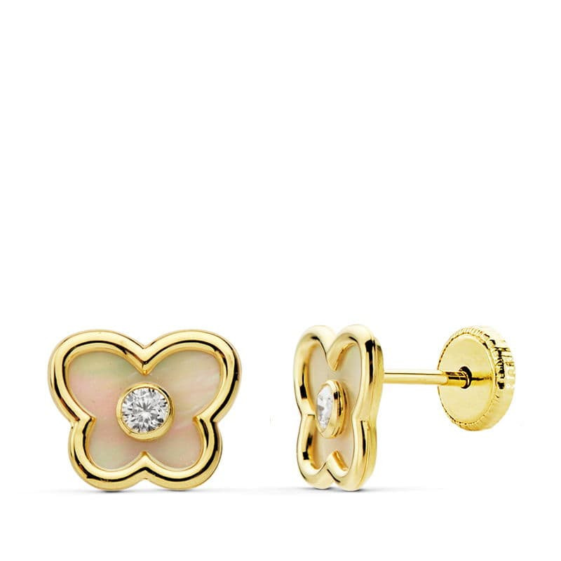 18K PENDIENTES ORO AMARILLO MARIPOSA CON NACAR 8X7 MM. CIERRE TUERCA