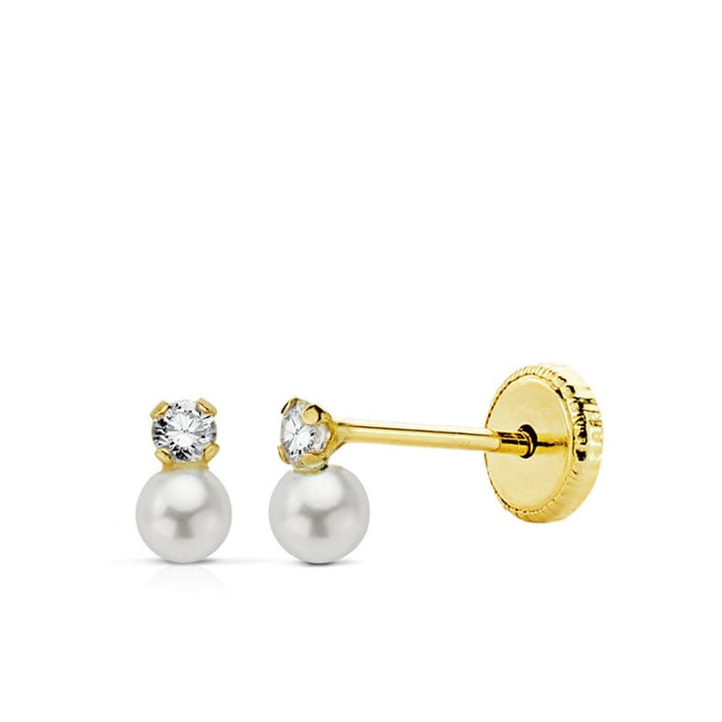 18K PENDIENTES ORO AMARILLO PERLAS CON CIRCONITA 5X3 MM. CIERRE TUERCA