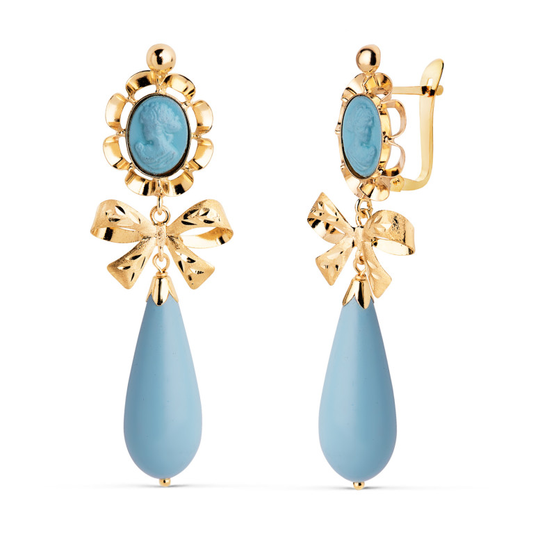 18K PENDIENTES ORO AMARILLO TURQUESA CAMAFEO 42X13 MM. CIERRE CATALÁN