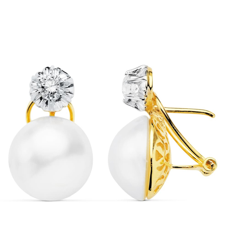 18K PENDIENTES PERLA JAPONESAS ORO BICOLOR 13.5-14 MM CIERRE OMEGA
