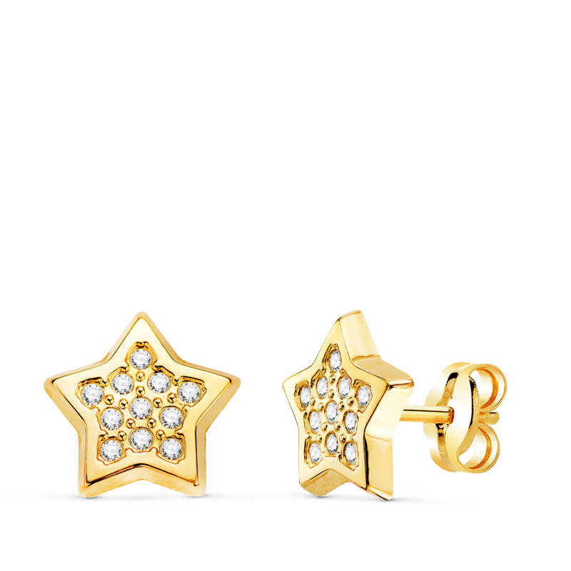 18K PENDIENTES ORO AMARILLO ESTRELLAS CON CIRCONITA 9X9 MM. CIERRE PRESION