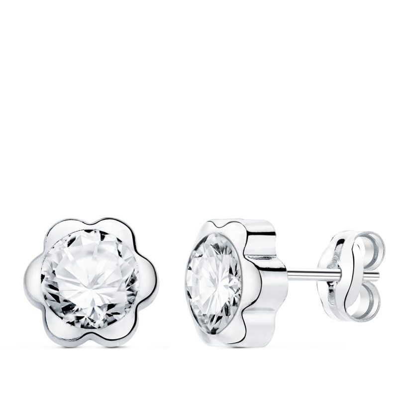 18K PENDIENTES ORO BLANCO FLOR CON CIRCONITA 7X7 MM CIERRE PRESION.