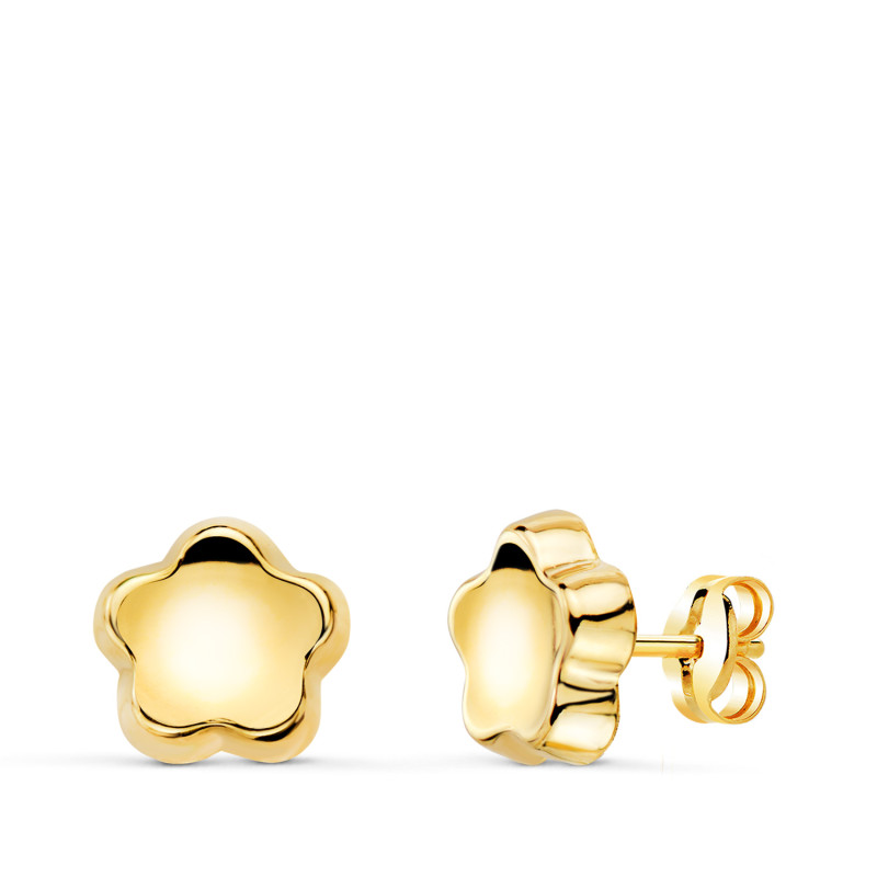18K PENDIENTES ORO AMARILLO FLOR CONCAVO EN BRILLO 7,5X7,5 MM. CIERRE PRESION
