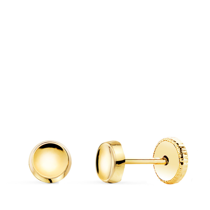 18K PENDIENTES ORO AMARILLO REDONDO CONCAVO EN BRILLO 5 MM. CIERRE TUERCA