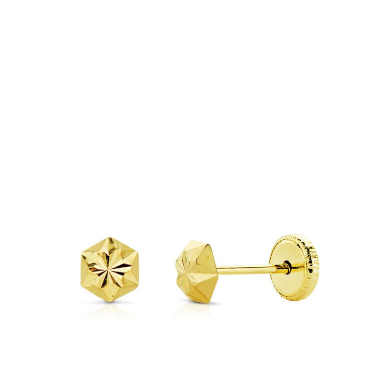 18K PENDIENTES ORO AMARILLO CLAVO ESTRELLA TALLADOS 4 MM CIERRE TUERCA