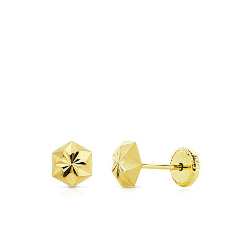 18K PENDIENTES ORO AMARILLO CLAVO ESTRELLA TALLADOS 5 MM CIERRE TUERCA