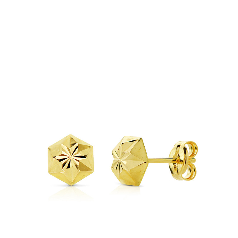 18K PENDIENTES ORO AMARILLO CLAVO ESTRELLA TALLADOS 6MM CIERRE PRESION