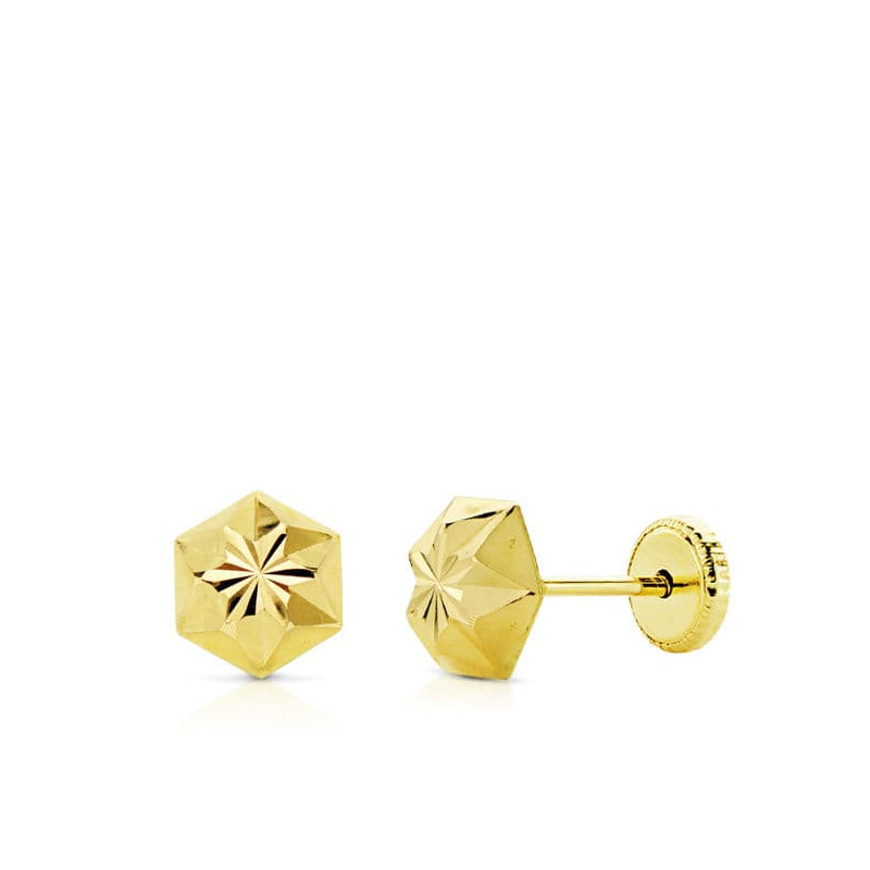 18K PENDIENTES ORO AMARILLO CLAVO ESTRELLA TALLADOS 6 MM CIERRE TUERCA