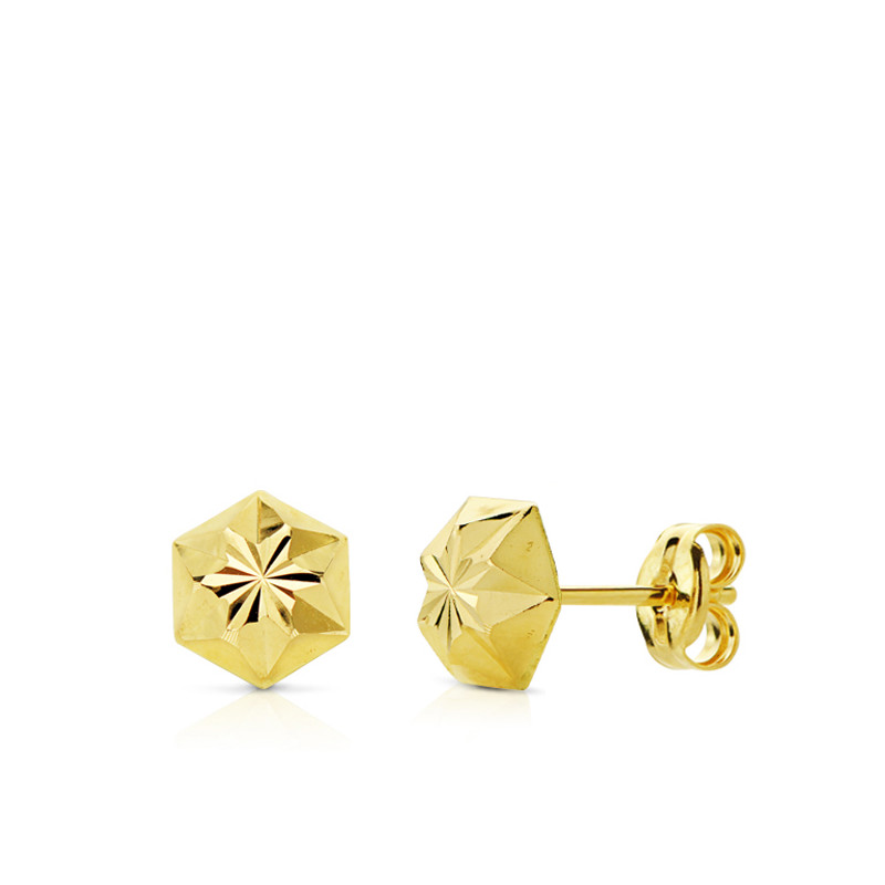 18K PENDIENTES ORO AMARILLO CLAVO ESTRELLA TALLADOS 8MM CIERRE PRESION