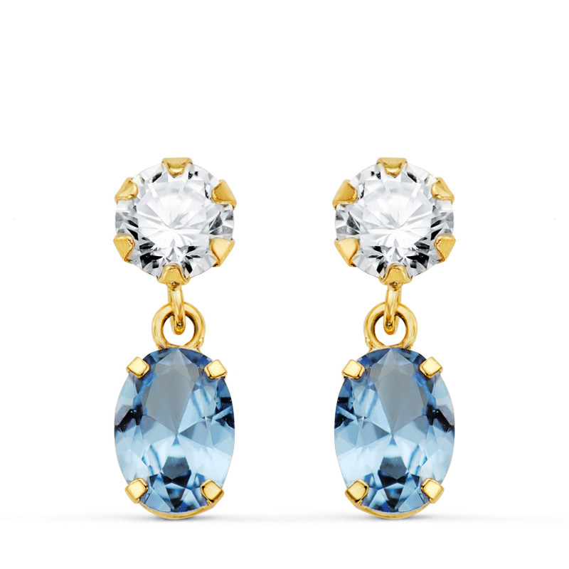 18K PENDIENTES ORO AMARILLO DOS CUERPOS CON CIRCONITA Y AGUAMARINA OVAL 16 X 5MM. CIERRE PRESION