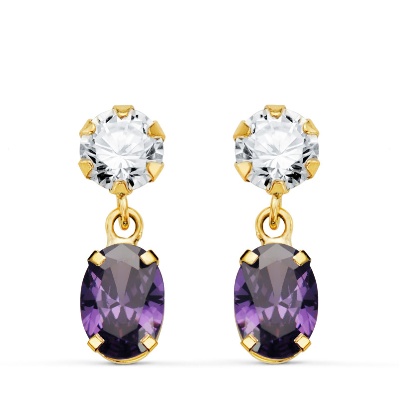 18K PENDIENTES ORO AMARILLO DOS CUERPOS CON CIRCONITA Y AMATISTA OVAL 16 X 5MM. CIERRE PRESION
