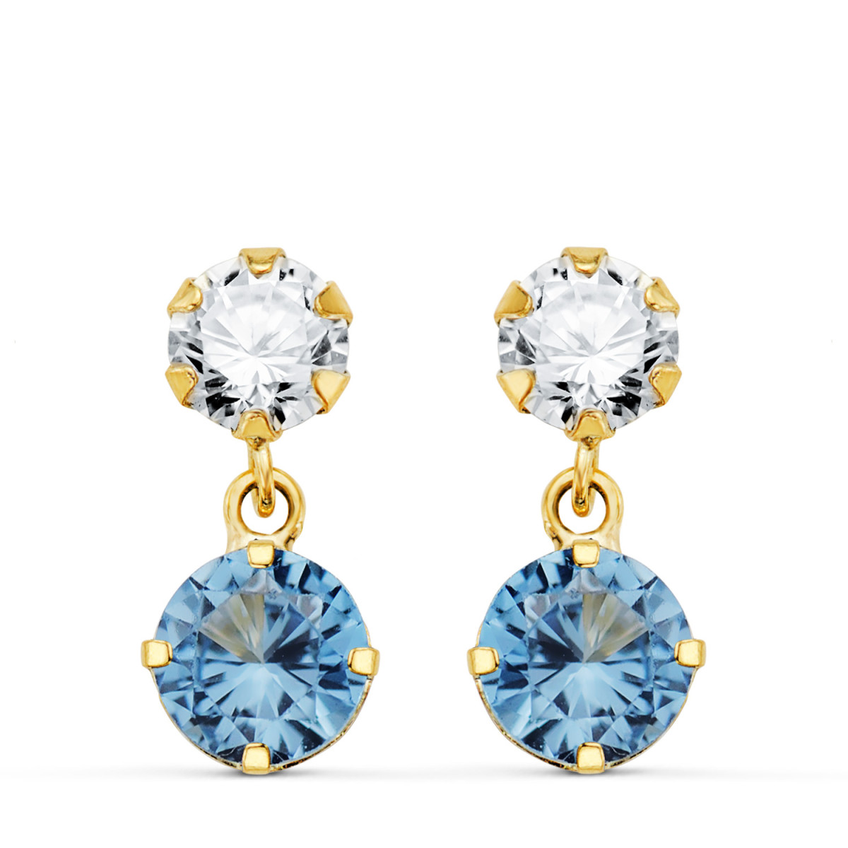 18K PENDIENTES ORO AMARILLO DOS CUERPOS CON CIRCONITA Y AGUAMARINA REDONDA 15 X 6MM. CIERRE PRESION