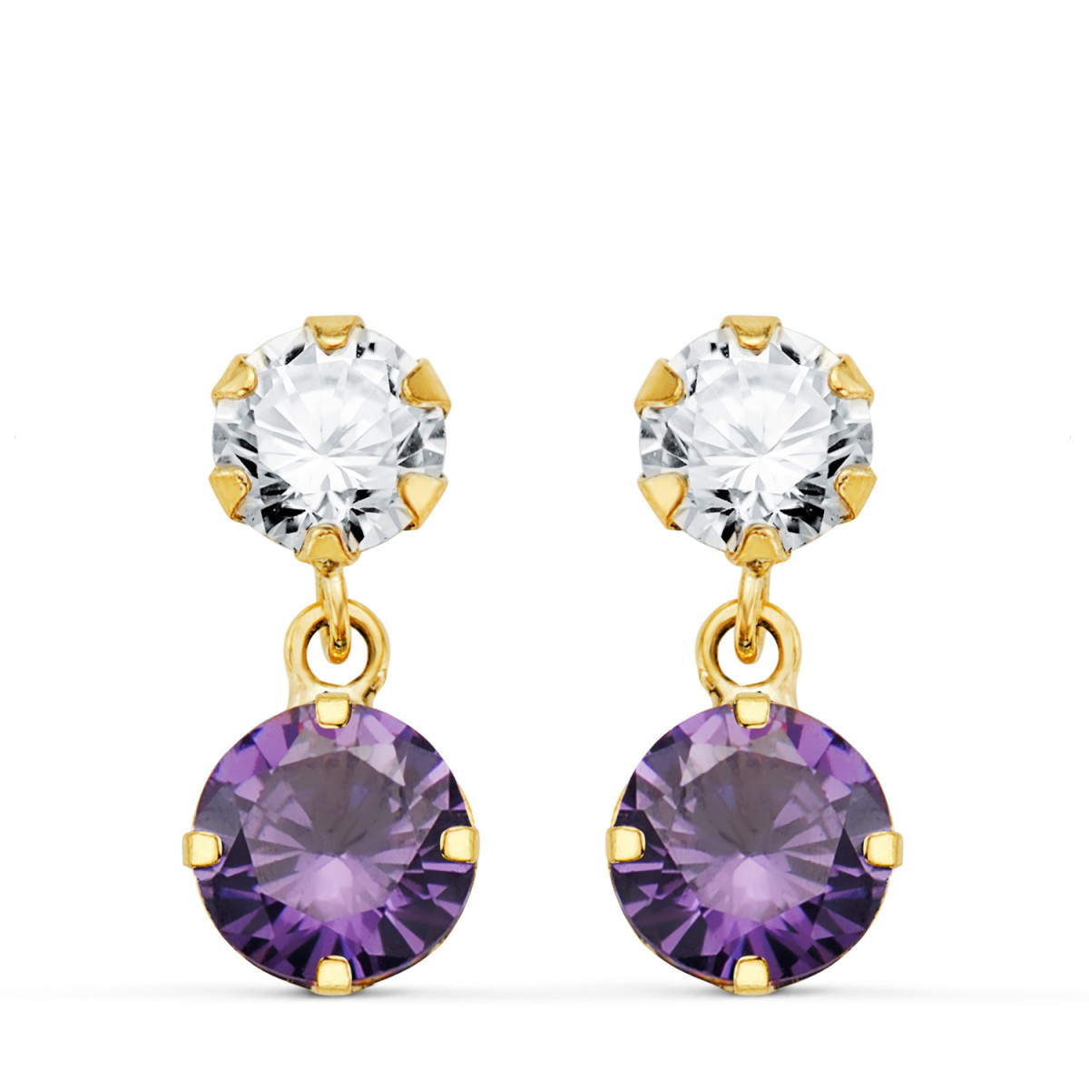 18K PENDIENTES ORO AMARILLO DOS CUERPOS CON CIRCONITA Y AMATISTA REDONDA 15 X 6 MM. CIERRE PRESION