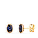 18K PENDIENTES ORO AMARILLO OVAL PIEDRA AZUL BORDES BOLITAS. MEDIDA: 6 X 4MM. CIERRE PRESION