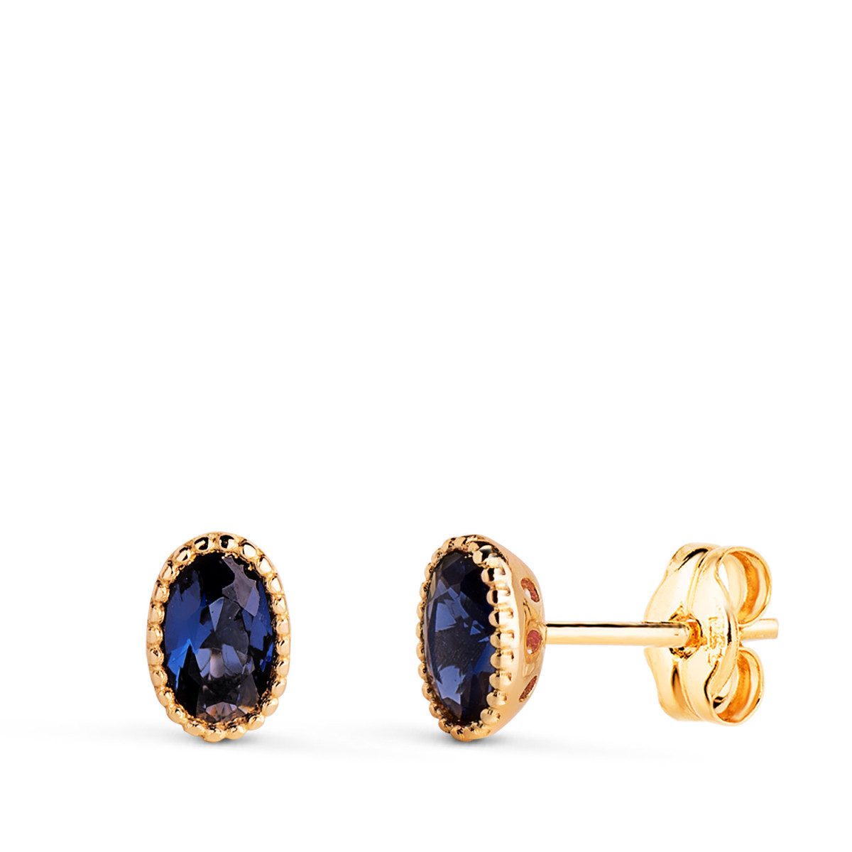 18K PENDIENTES ORO AMARILLO OVAL PIEDRA AZUL BORDES BOLITAS. MEDIDA: 6 X 4MM. CIERRE PRESION