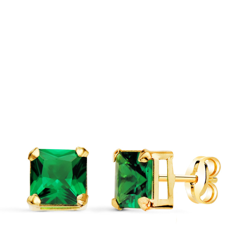 18K PENDIENTES ORO AMARILLO CUADRADOS PIEDRA COLOR VERDE 6 X 6 MM. CIERRE PRESION