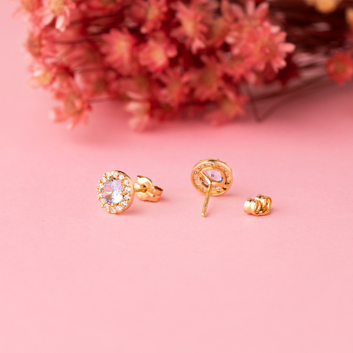 18K PENDIENTES ORO AMARILLO REDONDOS CIRCONITA Y AGUA MARINA 6,5 MM. CIERRE PRESION