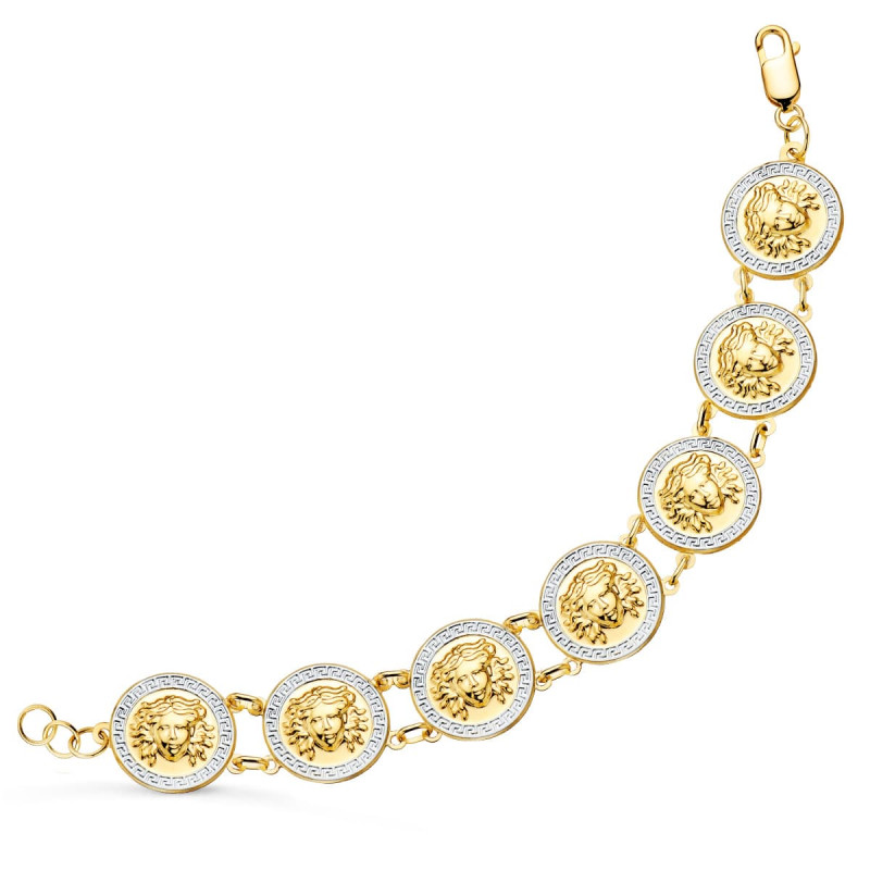 18K PULSERA ORO BICOLOR CON MEDUSAS REDONDAS EN BRILLO 20 MM LARGO 21.5 CM