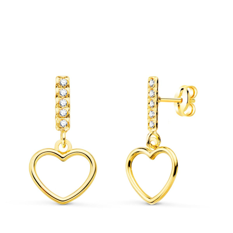 18K PENDIENTES ORO AMARILLO DOS CUERPOS COLGANTE CORAZON Y CIRCONITA 17X9 MM C. AMOR
