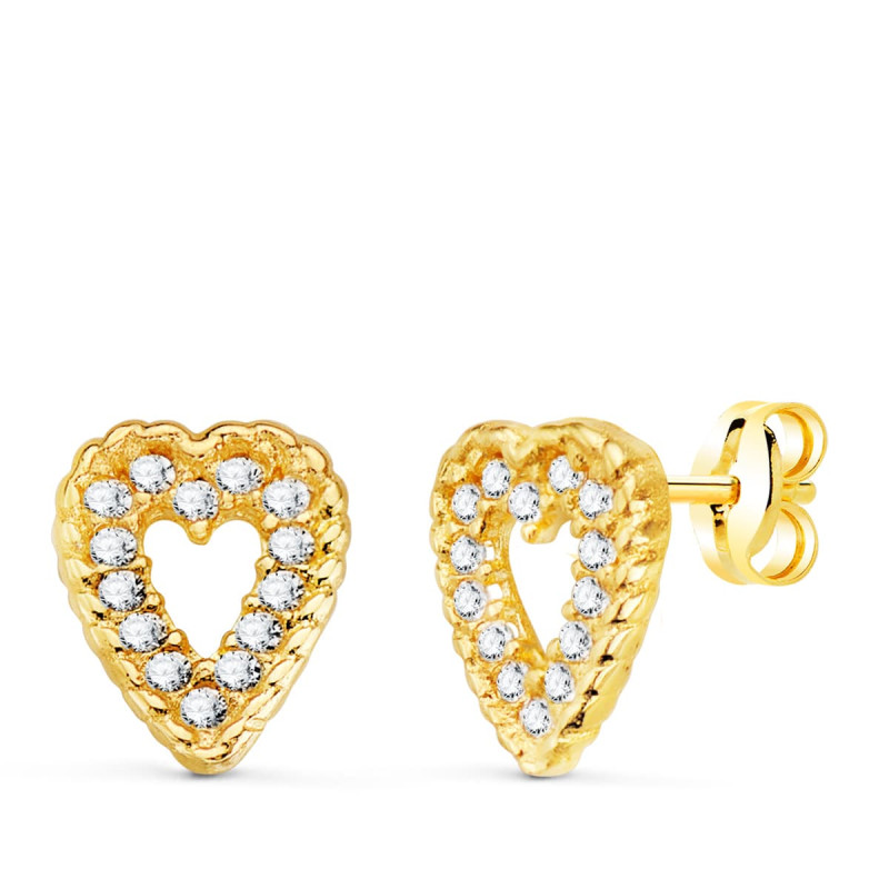 18K PENDIENTES ORO AMARILLO CORAZON 9X7 MM 28 CIRCONITA PRESION C. AMOR