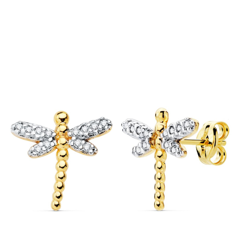 18K PENDIENTES ORO BICOLOR LIBELULA 12X12 MM CIERRE PRESION