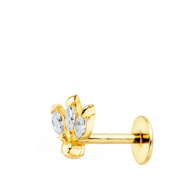 18K PIERCING OREJA ORO AMARILLO TRES HOJITAS CIRCONITA 6.5X6 MM ( UNIDAD )