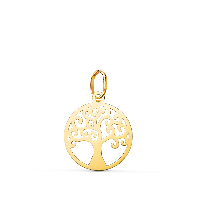 18K COLGANTE AMULETO  ORO AMARILLO REDONDO ARBOL DE LA VIDA EN BRILLO 14 MM