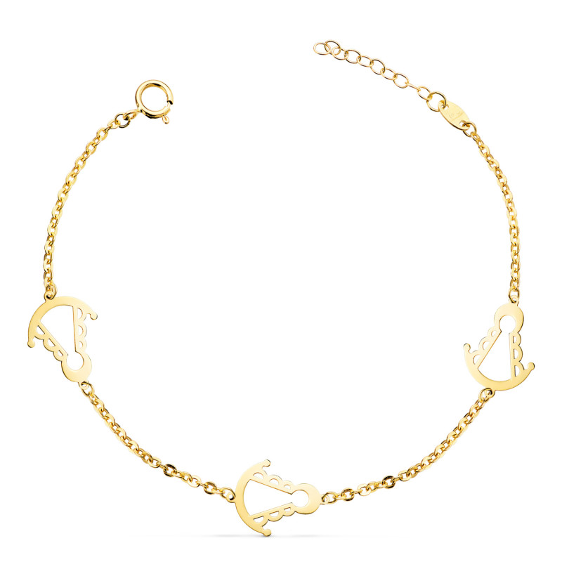 18K PULSERA ORO AMARILLO  TRES SLIUETAS VIRGEN ROCIO 14X11 MM CON. LARGO: 15,5 3 CM